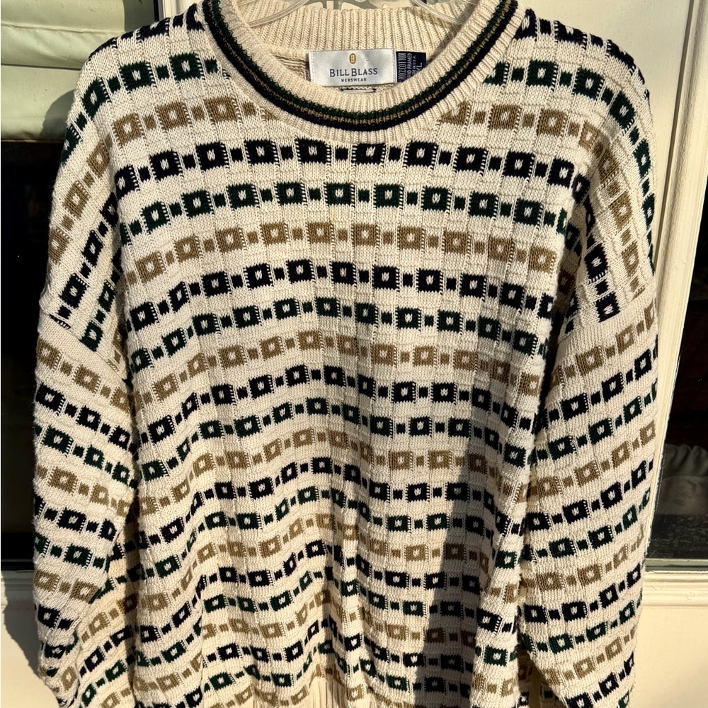 Vintage Bill Blass Men’s Chunky Knit Sweater |Vermont  | Cream Geometric Pattern
